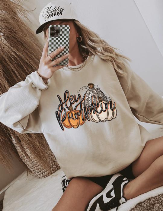 Hey Pumpkin Fall Graphic Crewneck Sweatshirt, Cute Autumn Sweater, Cozy Pumpkin Season Pullover, Thanksgiving Crew, Fall Aesthetic Sweatshirt