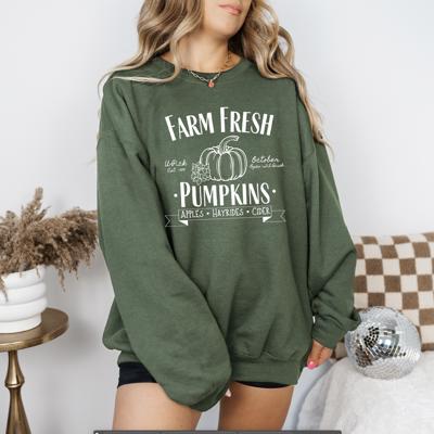 Farm Fresh Pumpkins Graphic Crew Sweatshirt, Cute Autumn Graphic Crewneck, Cozy Pumpkin Patch Sweatshirt for Women, Trendy Fall Outfit