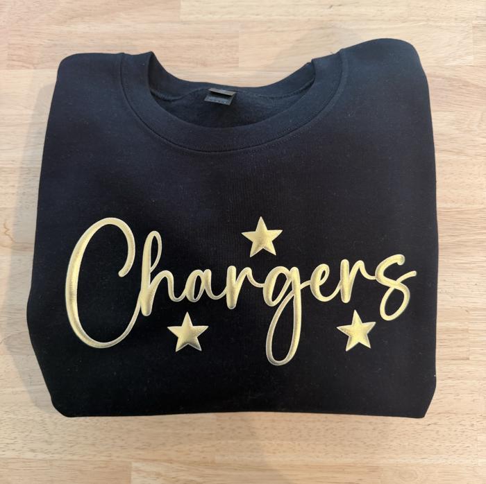 Personalized Gold Font Crewneck Sweatshirt, Personalized School Name Crewneck, Game Day Stars Sweater with Stars, Custom Sports Fan Gift