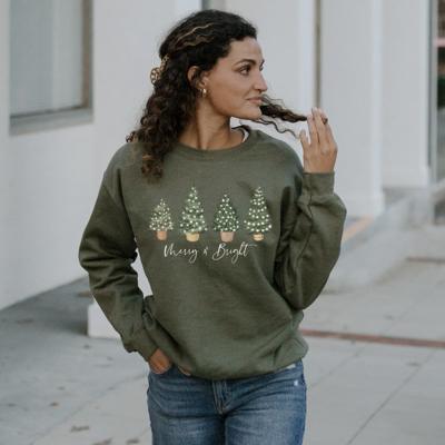 Merry & Bright Christmas Sweatshirt, Cozy Holiday Crewneck for Women, Green Christmas Tree Lights Sweatshirt, Festive Winter Pullover, Cute Holiday Sweater