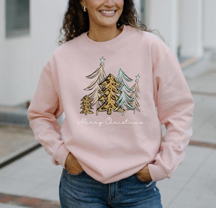 Leopard Trees Christmas Sweatshirt, Cozy Holiday Crewneck, Cute Leopard Print Christmas Tree Sweatshirt for Women