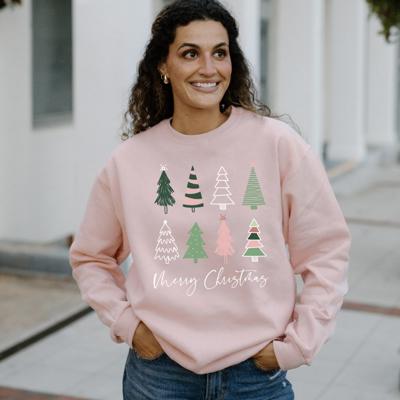 Pink Boho Merry Christmas Trees Sweatshirt, Cute Holiday Graphic Sweatshirt for Women, Cozy Boho Pink and Green Christmas Pullover, Festive Winter Outfit