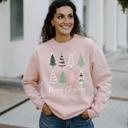  Pink Boho Merry Christmas Trees Sweatshirt, Cute Holiday Graphic Sweatshirt for Women, Cozy Boho Pink and Green Christmas Pullover, Festive Winter Outfit