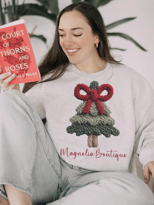 Custom Boutique Christmas Tree Sweatshirt, 3D Textured Tree & Bow Holiday Crewneck, Personalized Shop Logo Sweatshirt, Cozy Christmas Sweater