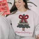  Custom Boutique Christmas Tree Sweatshirt, 3D Textured Tree & Bow Holiday Crewneck, Personalized Shop Logo Sweatshirt, Cozy Christmas Sweater