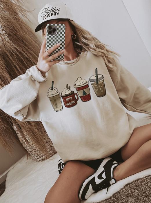Neutral Christmas Lattes Sweatshirt, Cozy Holiday Crewneck for Women, Neutral Christmas Coffee Sweater, Cute Winter Latte Pullover, Festive Holiday Outfit