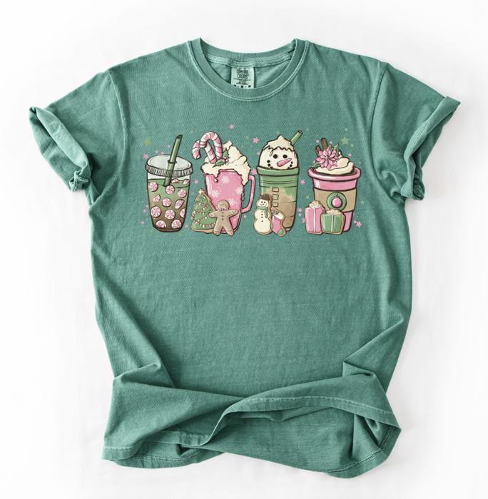 Pink Christmas Lattes, Holiday Comfort Colors Tee, Cute Holiday Graphic Tee for Women, Cozy Festive Christmas Shirt