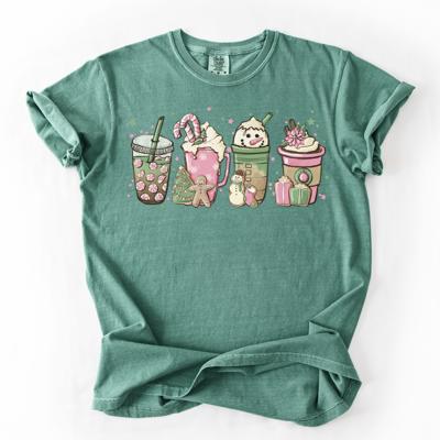 Pink Christmas Lattes, Holiday Comfort Colors Tee, Cute Holiday Graphic Tee for Women, Cozy Festive Christmas Shirt