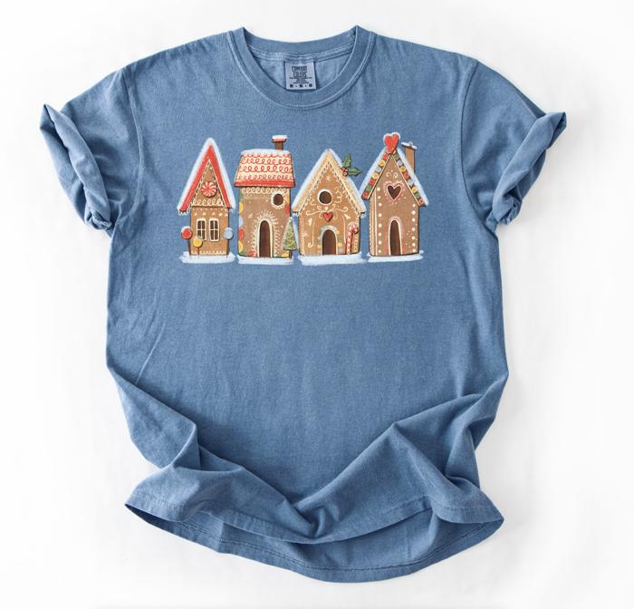 Gingerbread Houses Christmas Women's Graphic Tee, Cute Holiday Graphic Tee for Women, Cozy Festive Christmas Shirt, Gingerbread House