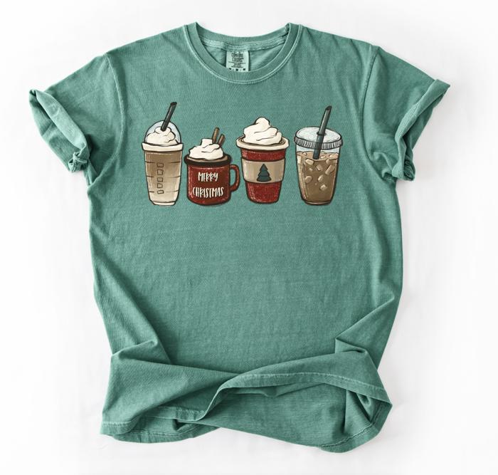 Neutral Christmas Lattes, Holiday Comfort Colors Tee, Cute Holiday Graphic Tee for Women, Cozy Festive Christmas Shirt