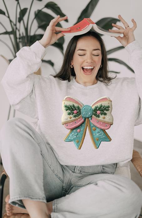 3D Christmas Bow Sweatshirt, Pastel Holiday Crewneck for Women, Cozy Festive Sweater, Pink and Teal Christmas Bow Design, Cute Winter Outfit