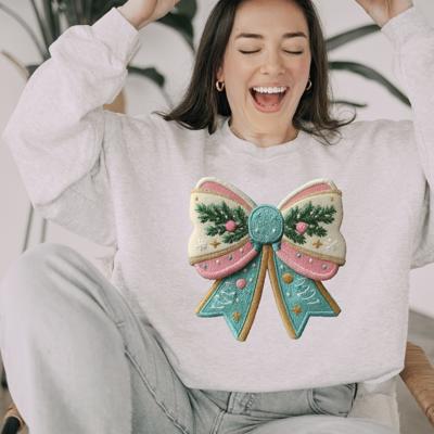 3D Christmas Bow Sweatshirt, Pastel Holiday Crewneck for Women, Cozy Festive Sweater, Pink and Teal Christmas Bow Design, Cute Winter Outfit