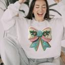  3D Christmas Bow Sweatshirt, Pastel Holiday Crewneck for Women, Cozy Festive Sweater, Pink and Teal Christmas Bow Design, Cute Winter Outfit