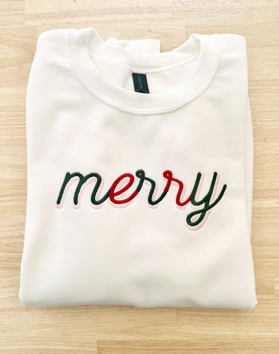 Merry Embroidered Christmas Sweatshirt, Minimal Holiday Crewneck, Red and Green Stitch Embroidery Sweater, Cozy Christmas Gift for Her