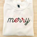  Merry Embroidered Christmas Sweatshirt, Minimal Holiday Crewneck, Red and Green Stitch Embroidery Sweater, Cozy Christmas Gift for Her