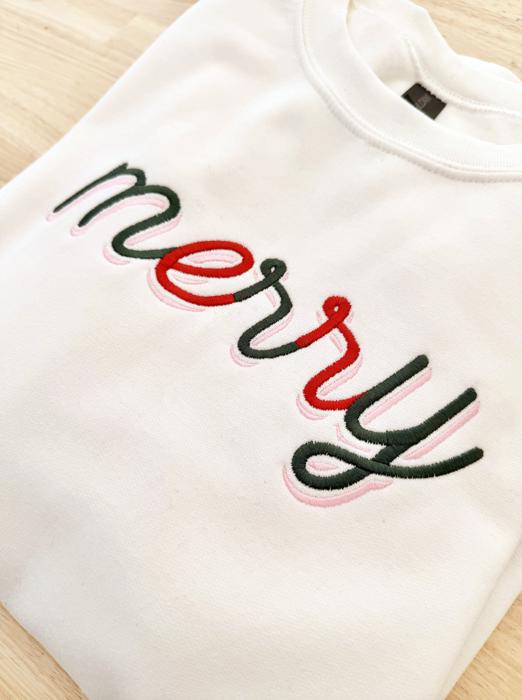 Merry Embroidered Christmas Sweatshirt, Minimal Holiday Crewneck, Red and Green Stitch Embroidery Sweater, Cozy Christmas Gift for Her