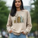 Large Ash Mocha Leopard Trees Christmas Sweatshirt, Cozy Holiday Crewneck, Cute Leopard Print Christmas Tree Sweatshirt for Women