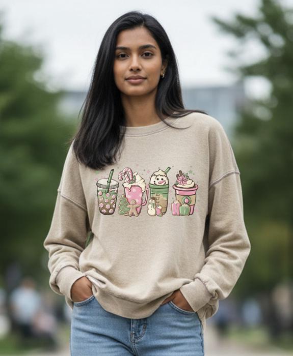 Pink Peppermint Christmas Lattes Sweatshirt, Cozy Holiday Crewneck for Women, Cute Pink Christmas Sweater, Festive Coffee Latte Pullover, Winter Outfit