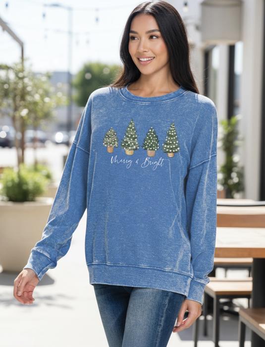 Merry & Bright Christmas Sweatshirt, Cozy Holiday Crewneck for Women, Green Christmas Tree Lights Sweatshirt, Festive Winter Pullover, Cute Holiday Sweater