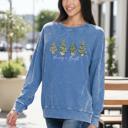 Small Acid Wash Blue Merry & Bright Christmas Sweatshirt, Cozy Holiday Crewneck for Women, Green Christmas Tree Lights Sweatshirt, Festive Winter Pullover, Cute Holiday Sweater