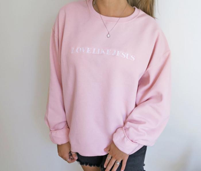 Embroidered Love Like Jesus Christian Sweatshirt for Women, Pink and Grey Crewneck Faith-Based Pullover, Inspirational Bible Verse Gift, Cute Jesus Lover Apparel