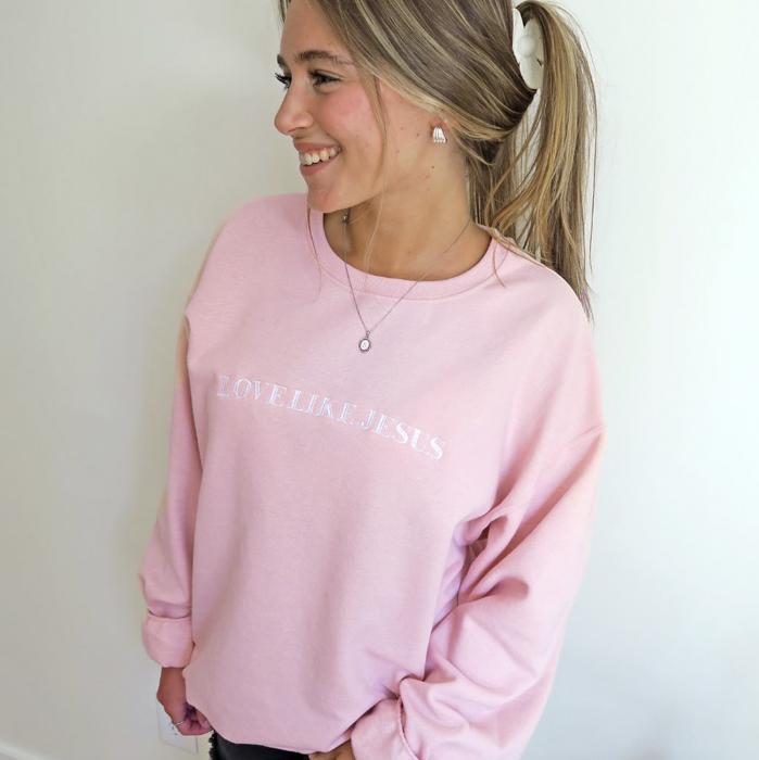 Embroidered Love Like Jesus Christian Sweatshirt for Women, Pink and Grey Crewneck Faith-Based Pullover, Inspirational Bible Verse Gift, Cute Jesus Lover Apparel