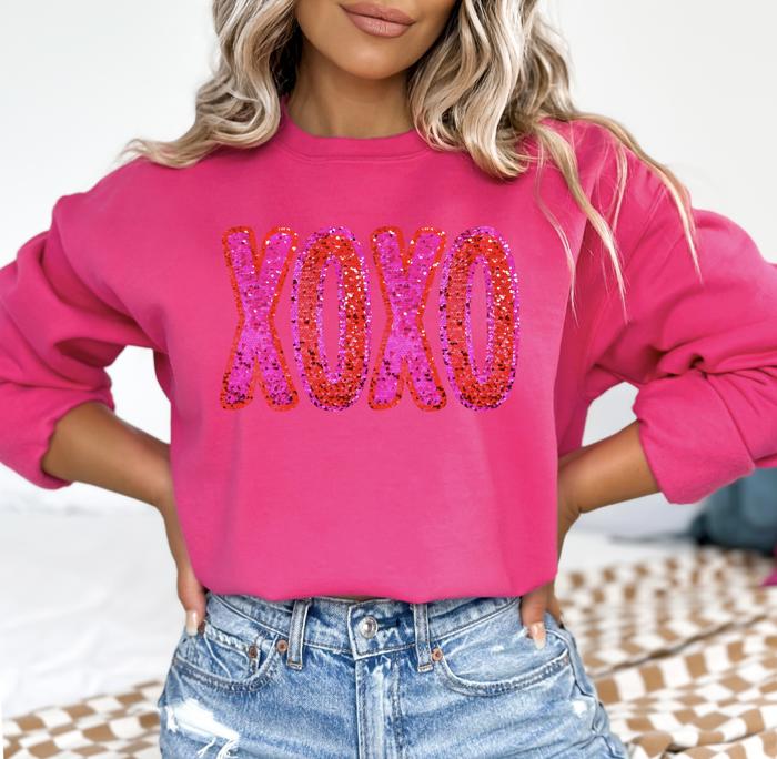 XOXO Glitter Sequin Printed Valentine's Sweatshirt, Valentine's Day Graphic Crewneck, Sparkle Sequin Style, Hot Pink Sweatshirt, Valentine Gift