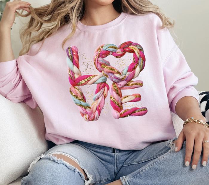 Love Yarn Style Sweatshirt, Faux Yarn Valentine Sweatshirt, Pink Bow Love Sweatshirt, Printed Gildan Crewneck, Cozy Valentine’s Day Gift for Women