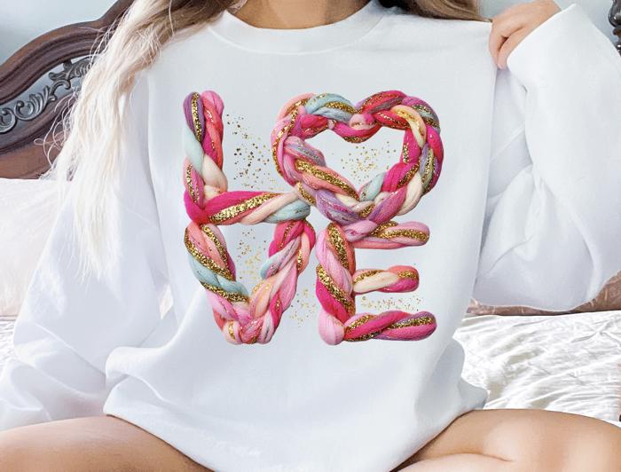 Love Yarn Style Sweatshirt, Faux Yarn Valentine Sweatshirt, Pink Bow Love Sweatshirt, Printed Gildan Crewneck, Cozy Valentine’s Day Gift for Women