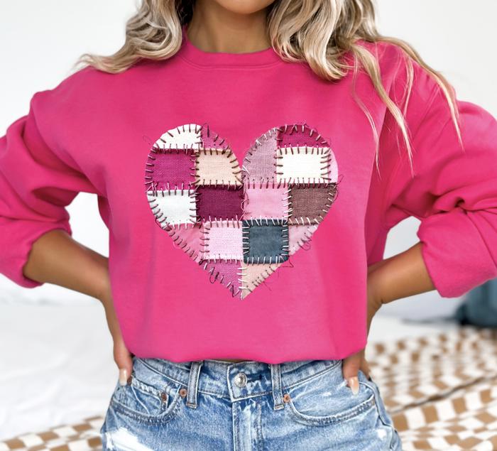 Patchwork Heart Sweatshirt, Pink Valentine Graphic Sweatshirt, Gildan Heart Crewneck, Valentine's Day Gift