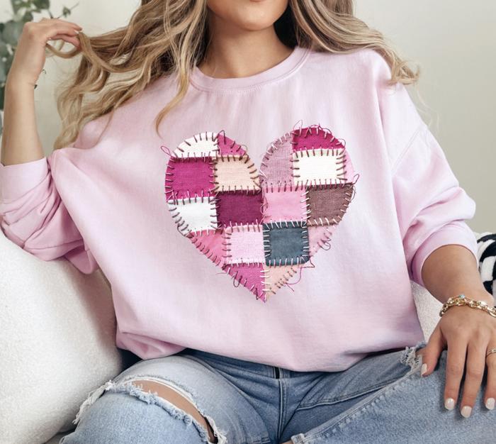 Patchwork Heart Sweatshirt, Pink Valentine Graphic Sweatshirt, Gildan Heart Crewneck, Valentine's Day Gift