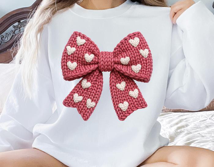 Knit Bow Heart Sweatshirt, Valentine's Day Graphic Crewneck, Pink Bow with Hearts, Sweatshirt Cute Valentine Gift