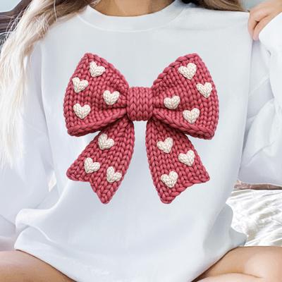 Knit Bow Heart Sweatshirt, Valentine's Day Graphic Crewneck, Pink Bow with Hearts, Sweatshirt Cute Valentine Gift