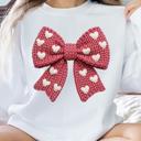  Knit Bow Heart Sweatshirt, Valentine's Day Graphic Crewneck, Pink Bow with Hearts, Sweatshirt Cute Valentine Gift
