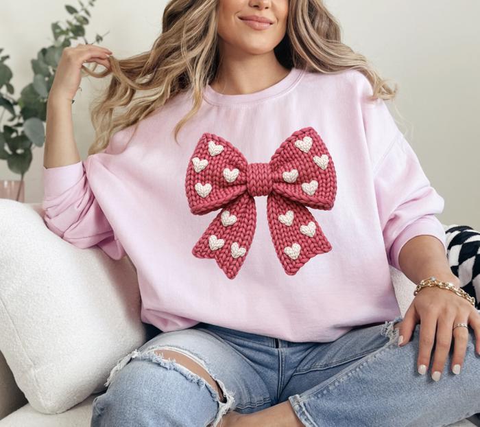 Knit Bow Heart Sweatshirt, Valentine's Day Graphic Crewneck, Pink Bow with Hearts, Sweatshirt Cute Valentine Gift