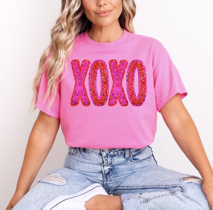XOXO Faux Sequin Glitter Shirt, Valentine's Day Graphic Tee, Sparkle Sequin Style, Valentine Gift