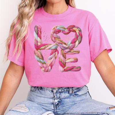 Love Yarn Style Shirt, Valentine's Day Graphic Tee, Colorful Twisted Rope Design, Pink T-Shirt Valentine Gift