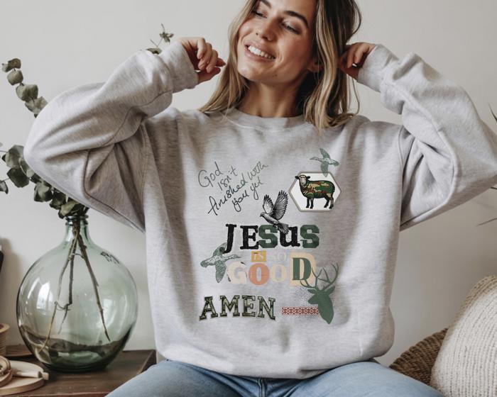 God Isn't Finished With You Yet Christian Sweatshirt, Jesus Is So Good Amen, Country Faith Sweatshirt, Gildan Oversized Crewneck