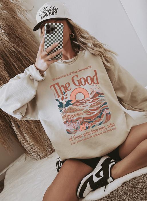 God Works For The Good Wave, Romans 8:28 Christian Sweatshirt, Vintage Wave Floral Crewneck, Oversized Sweatshirt