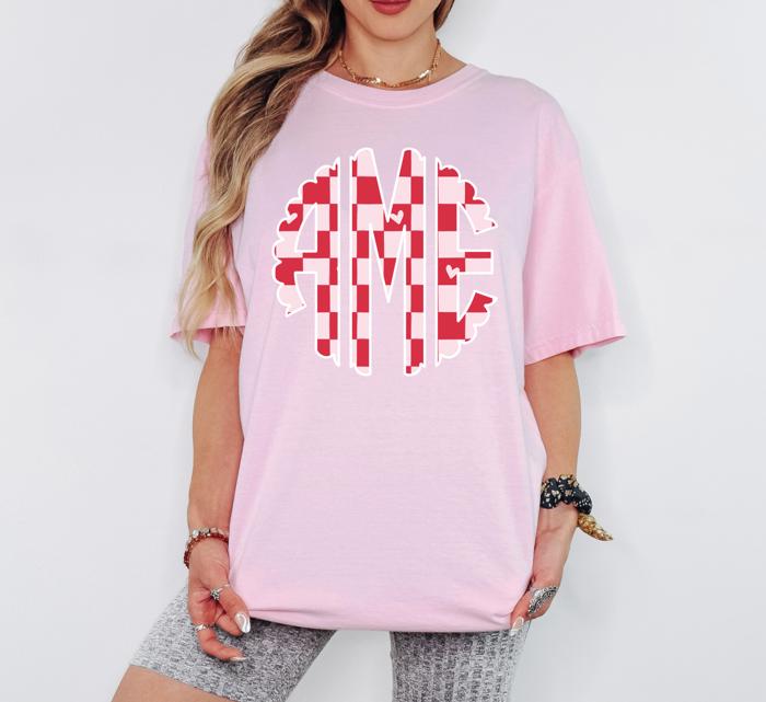 Custom Monogram Comfort Colors T-Shirt, Personalized Initial Tee, Heart or Bow Pattern, Gift for Her, Spring Pastel Colors