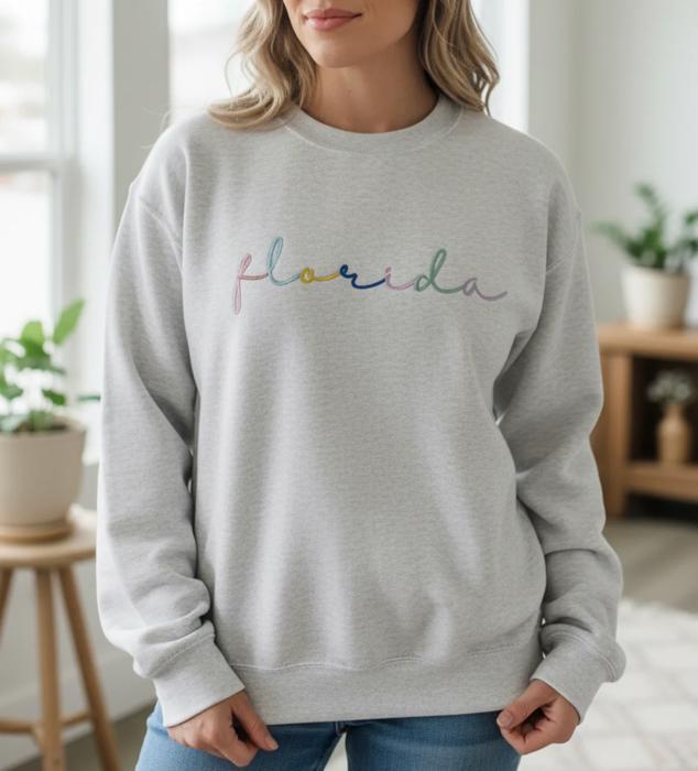 Custom Embroidered State Sweatshirt, Personalized Rainbow Script Crewneck, City Team Name Sweater, Home State Pride Gift
