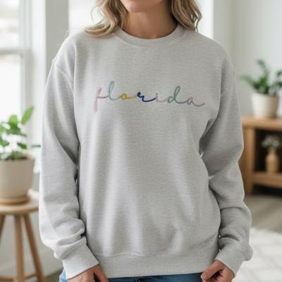 Custom Embroidered State Sweatshirt, Personalized Rainbow Script Crewneck, City Team Name Sweater, Home State Pride Gift