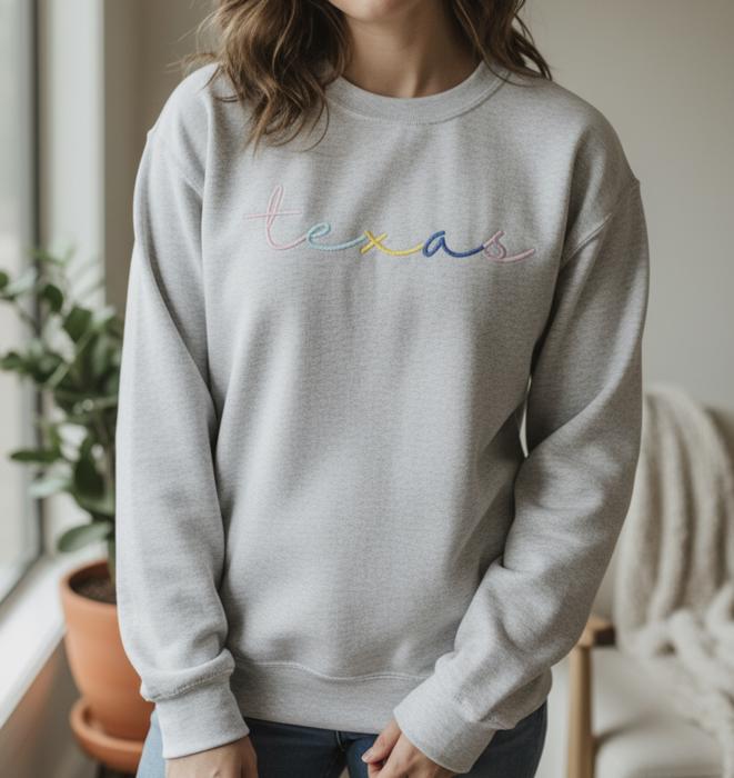 Custom Embroidered State Sweatshirt, Personalized Rainbow Script Crewneck, City Team Name Sweater, Home State Pride Gift