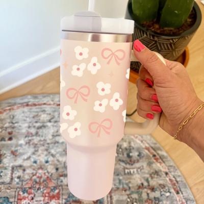 Personalized Small Coquette Bow 40 oz Tumbler with Handle & Straw, Bridesmaid Proposal, Coquette Bow Floral Tumbler Gift for Women, Insulated Stainless