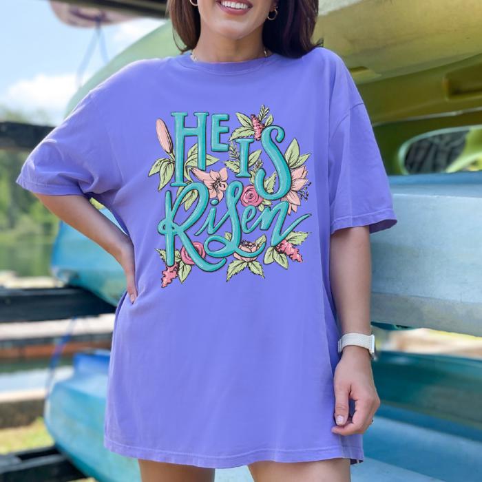 He Is Risen Floral Christian Graphic Tee, Easter Faith Shirt, Comfort Colors Tee for Women, Religious Gift