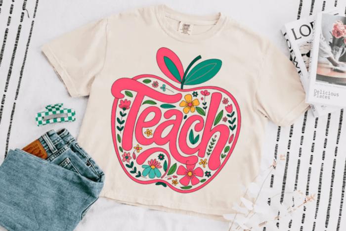 Teach Apple Graphic Tee for Women, Retro Floral Teacher Comfort Color Tee, Back to School Teacher Gift, Teacher Appreciation T-Shirt