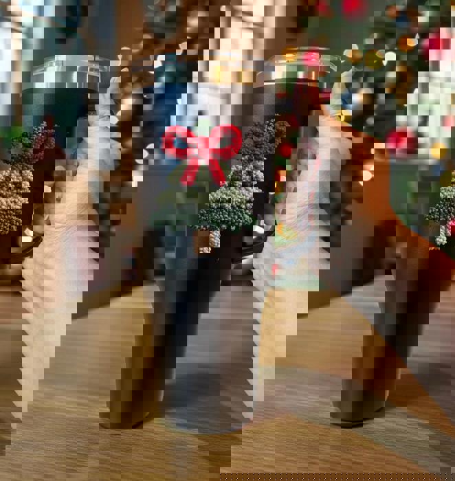 Christmas Tree Yarn Matte Black Tumbler 40 oz Style Mug with Handle, Knitted Style Christmas Cup, Crochet & Knitter Gift Idea, Festive Travel Mug