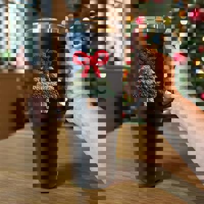 Christmas Tree Yarn Matte Black Tumbler 40 oz Style Mug with Handle, Knitted Style Christmas Cup, Crochet & Knitter Gift Idea, Festive Travel Mug