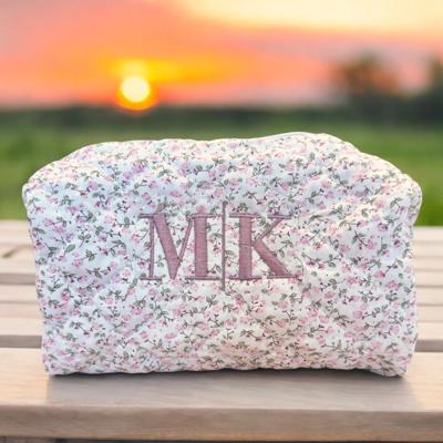 Custom Embroidered Flower Makeup Bag, Quilted Cosmetic Bag, Personalized Gift Toiletry Bag Women, Bridesmaid Gift, Makeup Organizer Mom Gift