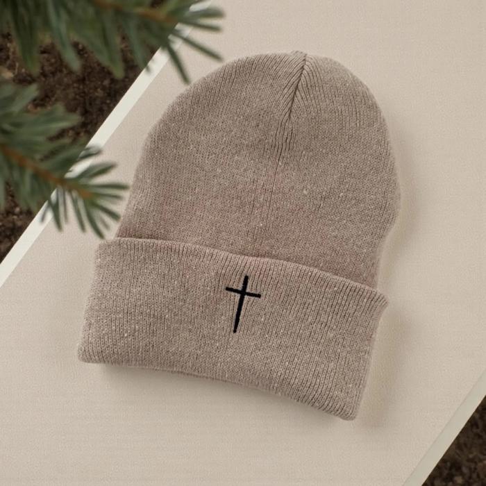 Embroidered Cross Beanie, Christian Knit Winter Hat for Women & Men, Faith Beanie in Oatmeal, Black or Grey, Religious Gift, Cozy Christian Hat